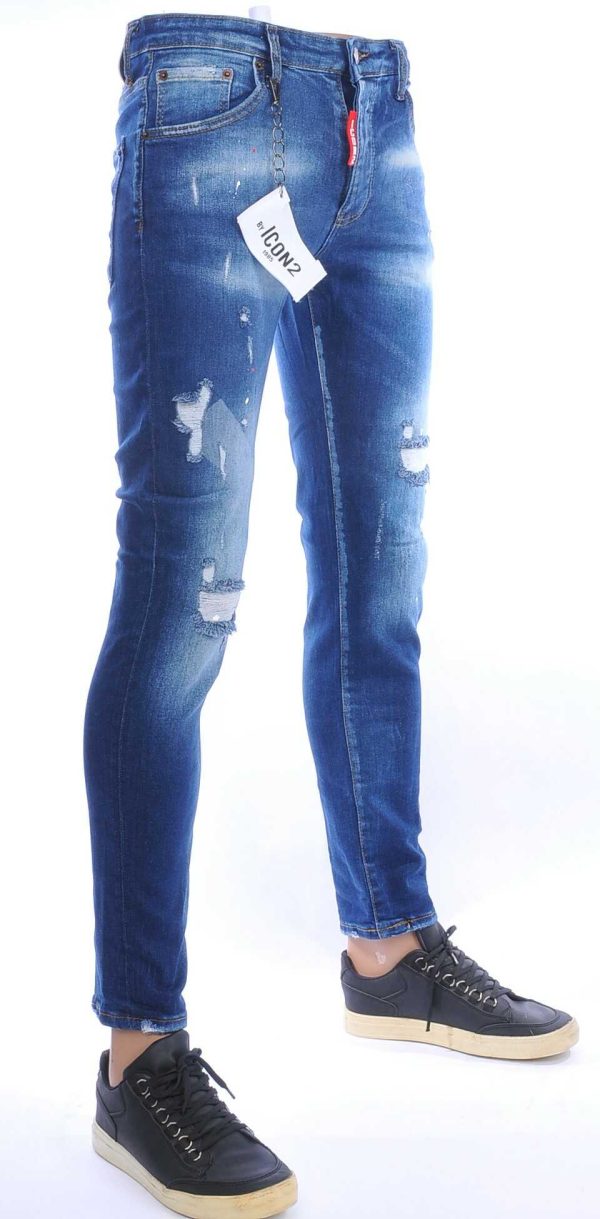 ICON2 hippie gescheurde slim fit stretch heren jeans met verfspatten Blauw