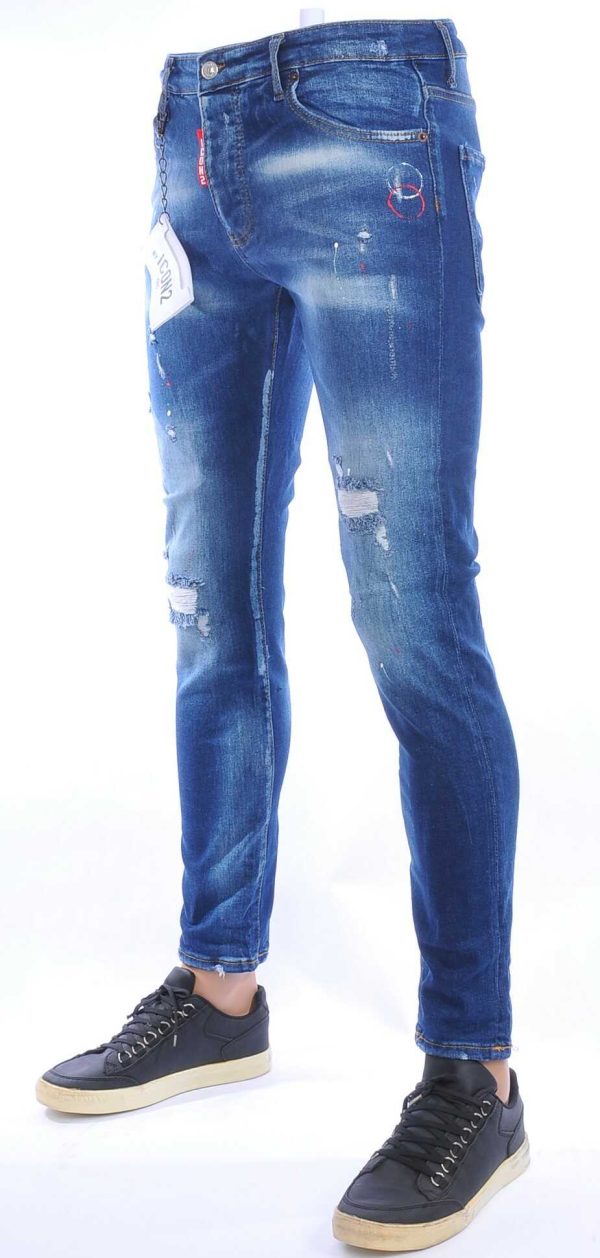 ICON2 hippie gescheurde slim fit stretch heren jeans met verfspatten Blauw