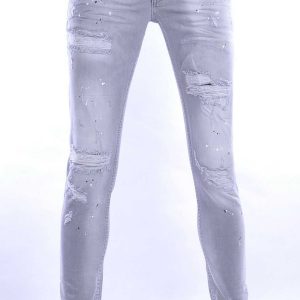 ICON2 hippie gescheurde slim fit stretch heren jeans met verfspetters Grijs