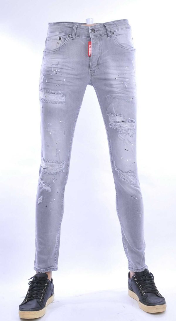 ICON2 hippie gescheurde slim fit stretch heren jeans met verfspetters Grijs