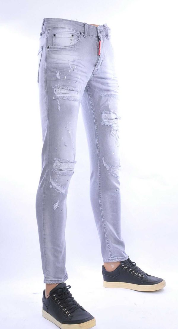 ICON2 hippie gescheurde slim fit stretch heren jeans met verfspetters Grijs