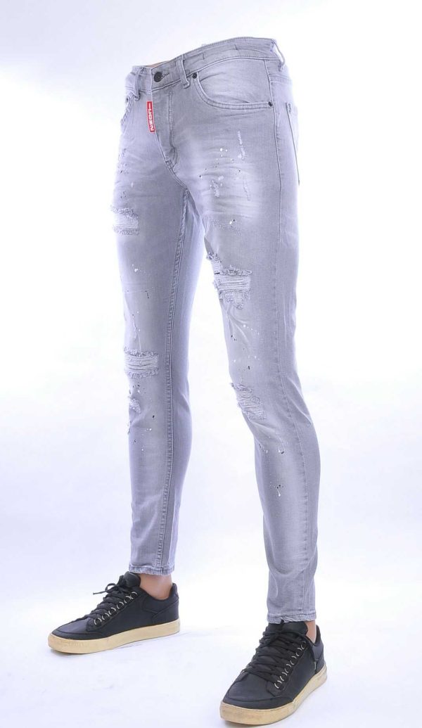 ICON2 hippie gescheurde slim fit stretch heren jeans met verfspetters Grijs