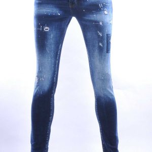 ICON2 hippie gescheurde slim fit stretch heren jeans met verfspetters Blauw
