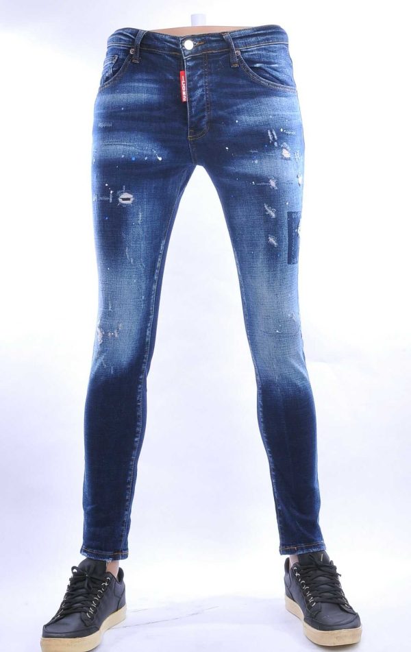 ICON2 hippie gescheurde slim fit stretch heren jeans met verfspetters Blauw
