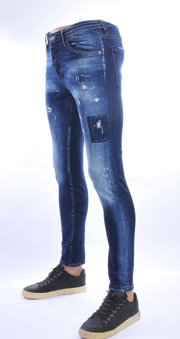 ICON2 hippie gescheurde slim fit stretch heren jeans met verfspetters Blauw