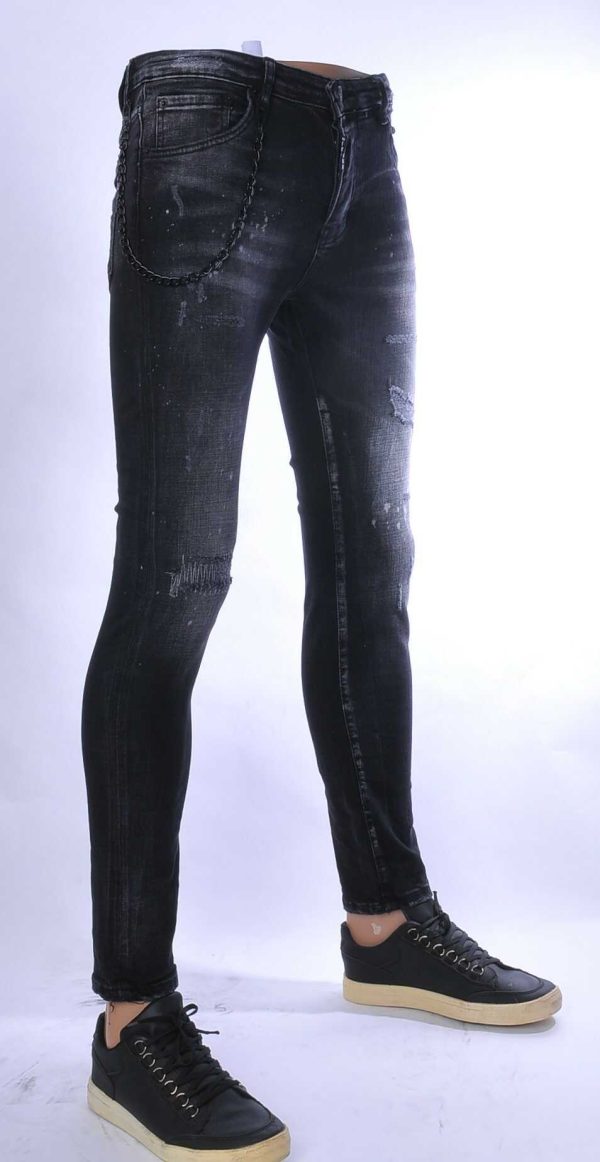ICON2 hippie gescheurde slim fit stretch heren jeans met bleekvlekjes Zwart