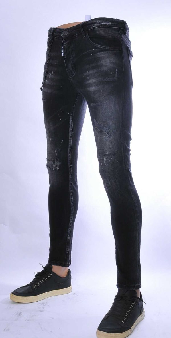 ICON2 hippie gescheurde slim fit stretch heren jeans met bleekvlekjes Zwart