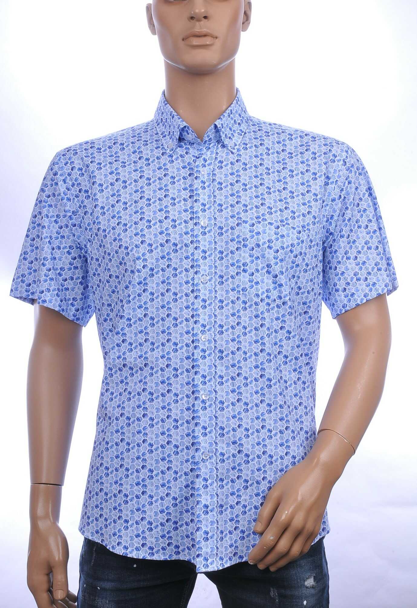 CORRINO Italiaanse allover bijenkorf motieven dessin korte mouwen heren overhemd Blauw