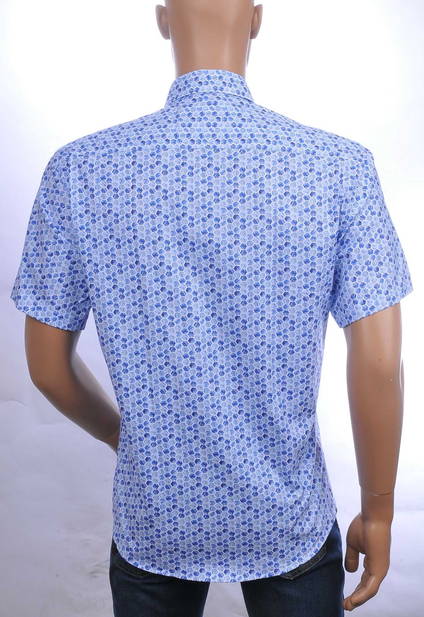 CORRINO Italiaanse allover bijenkorf motieven dessin korte mouwen heren overhemd Blauw