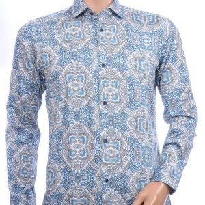 Corrino Italiaans getailleerd slim fit allover oosterse motieven dessin heren overhemd Turquoise