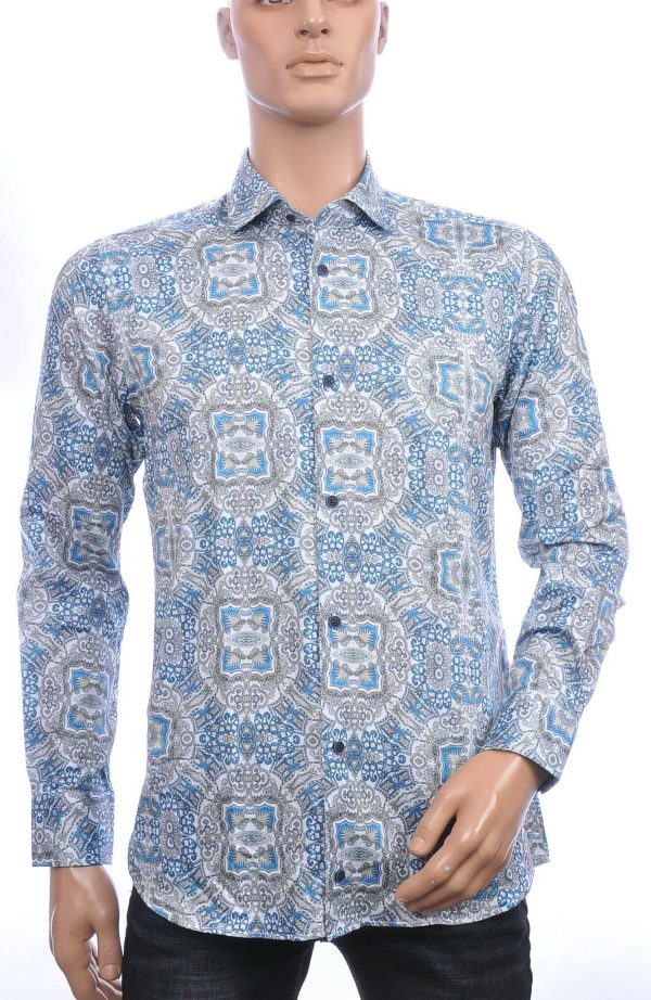 Corrino Italiaans getailleerd slim fit allover oosterse motieven dessin heren overhemd Turquoise