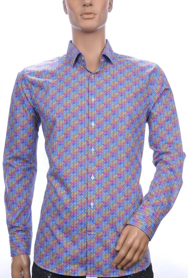 Corrino OLYMP State of Art Blue Industry A fish named fred Wolff Blitz Moncler DIOR Philipp Plein PRADA Louis Vuitton GUCCI VERSACE KENZO Dsquared2 Levi's CHASIN G-STAR DOLCE & GABBANA DIESEL PME LEGEND WAM DENIM LACOSTE slim fit allover multicolor blokjes-rondjes dessin heren overhemd Paars