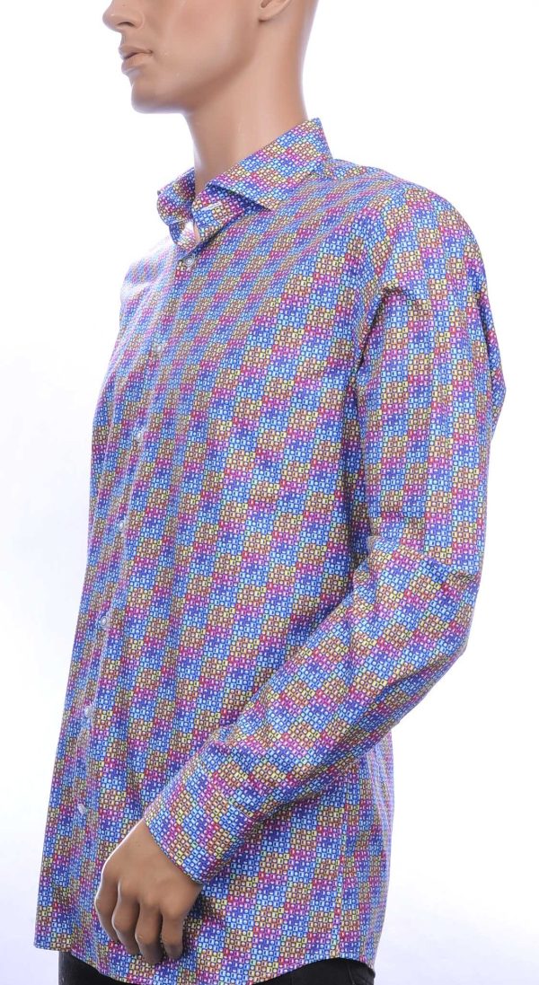 Corrino OLYMP State of Art Blue Industry A fish named fred Wolff Blitz Moncler DIOR Philipp Plein PRADA Louis Vuitton GUCCI VERSACE KENZO Dsquared2 Levi's CHASIN G-STAR DOLCE & GABBANA DIESEL PME LEGEND WAM DENIM LACOSTE slim fit allover multicolor blokjes-rondjes dessin heren overhemd Paars