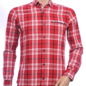 DIMI trendy slim fit geruite heren overhemd met borstzak Rood