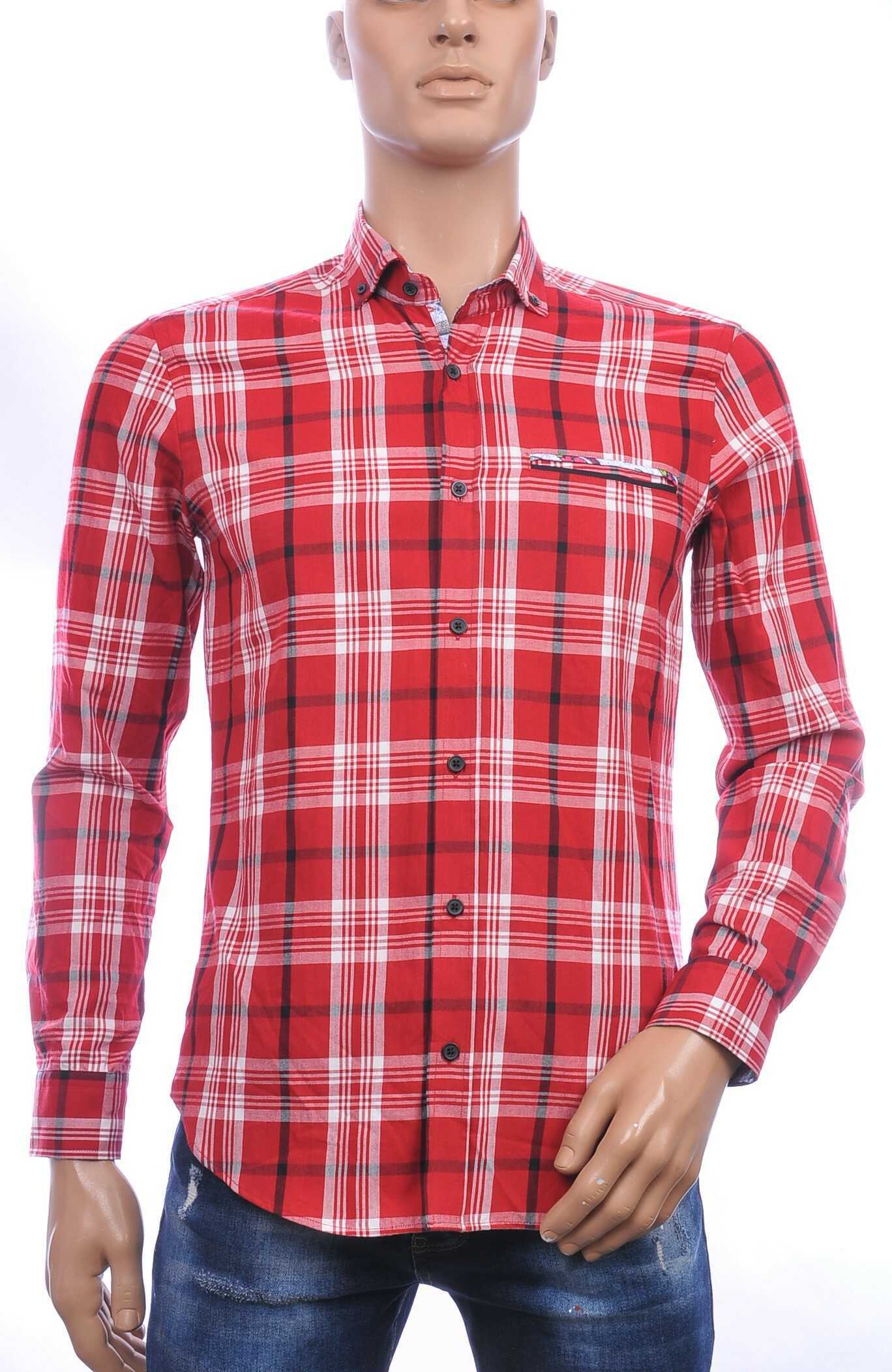 DIMI trendy slim fit geruite heren overhemd met borstzak Rood