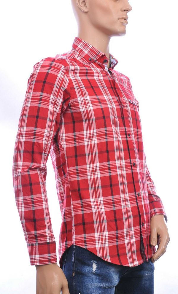 DIMI trendy slim fit geruite heren overhemd met borstzak Rood