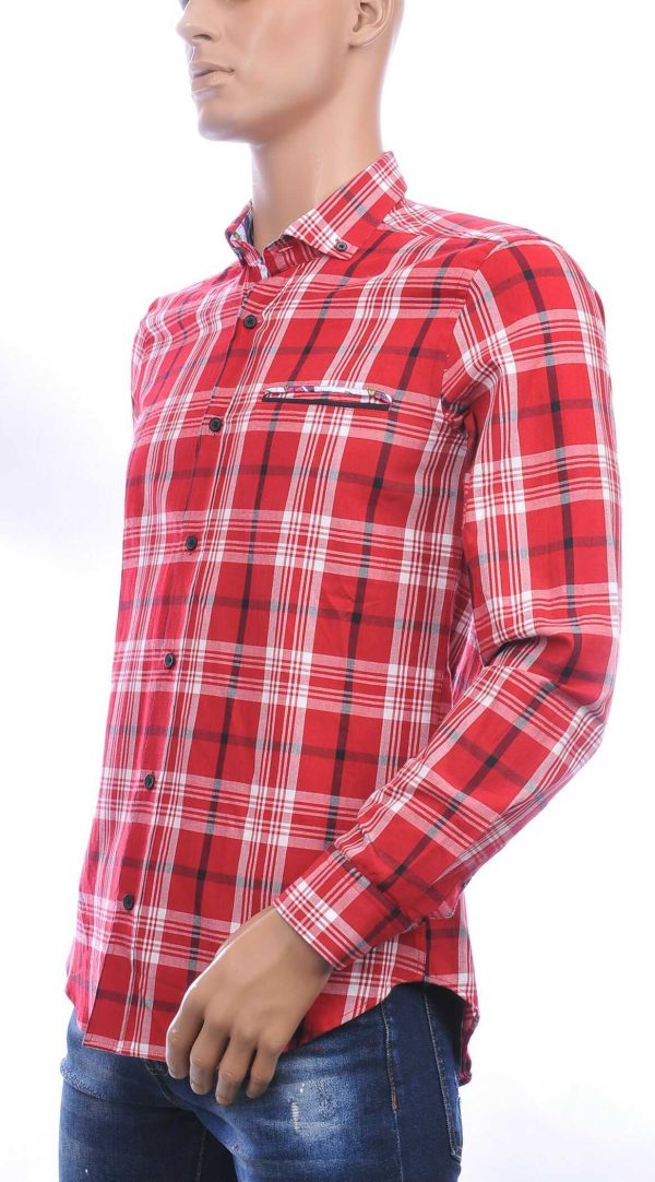 DIMI trendy slim fit geruite heren overhemd met borstzak Rood