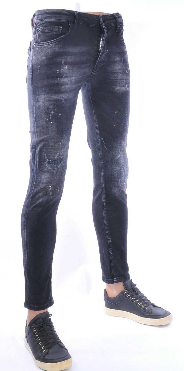 ICON2 Hippe Gewassen Gescheurde Slim Fit Stretch Heren Jeans met Verfspatten – Zwart | Trendy en Comfortabel voor de Moderne Man
