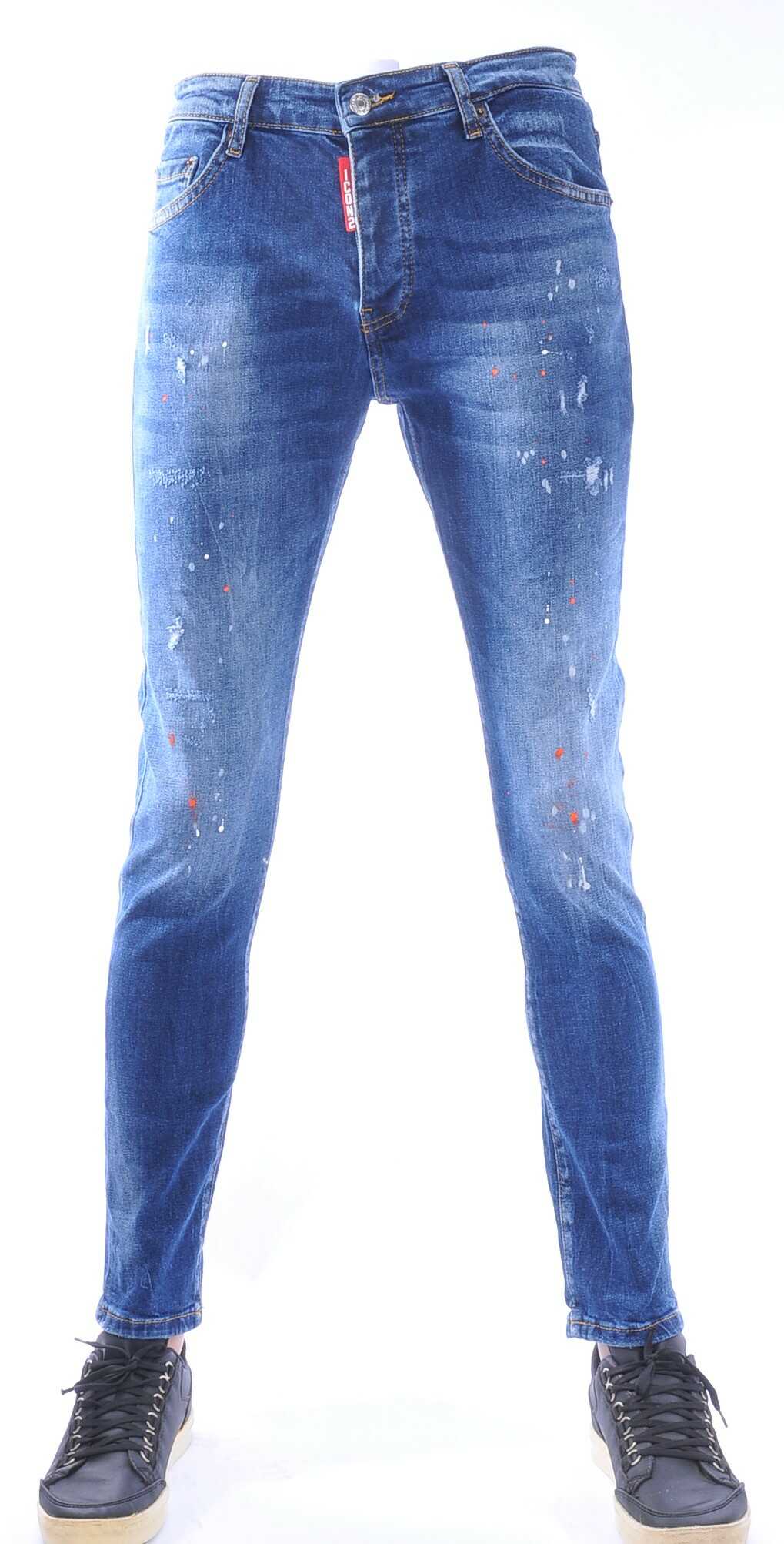 ICON2 Hippe Gescheurde Slim Fit Stretch Heren Jeans met Verfvlekjes – Donkerblauw | Trendy Streetwear & Casual Jeans voor Mannen