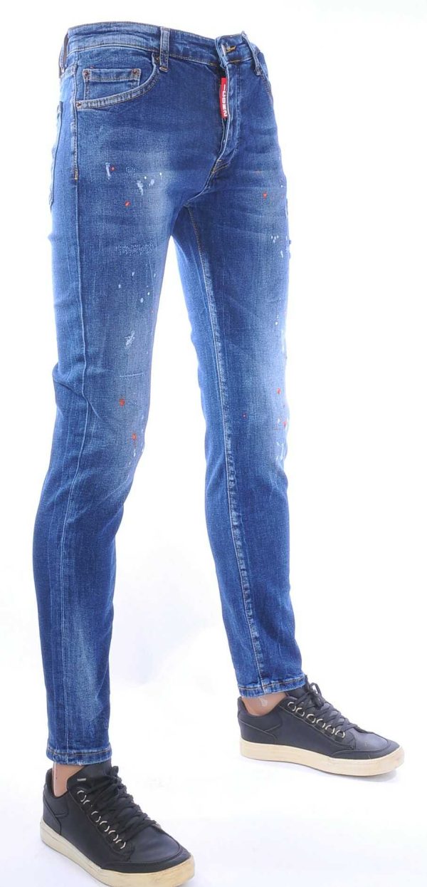 ICON2 Hippe Gescheurde Slim Fit Stretch Heren Jeans met Verfvlekjes – Donkerblauw | Trendy Streetwear & Casual Jeans voor Mannen