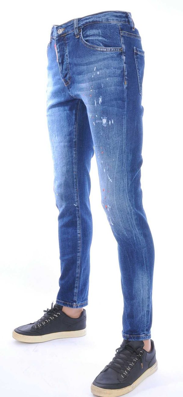 ICON2 Hippe Gescheurde Slim Fit Stretch Heren Jeans met Verfvlekjes – Donkerblauw | Trendy Streetwear & Casual Jeans voor Mannen