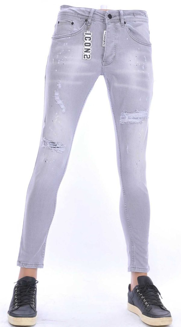 ICON2 hippie gescheurde slim fit heren jeans met verfvlekjes Grijs