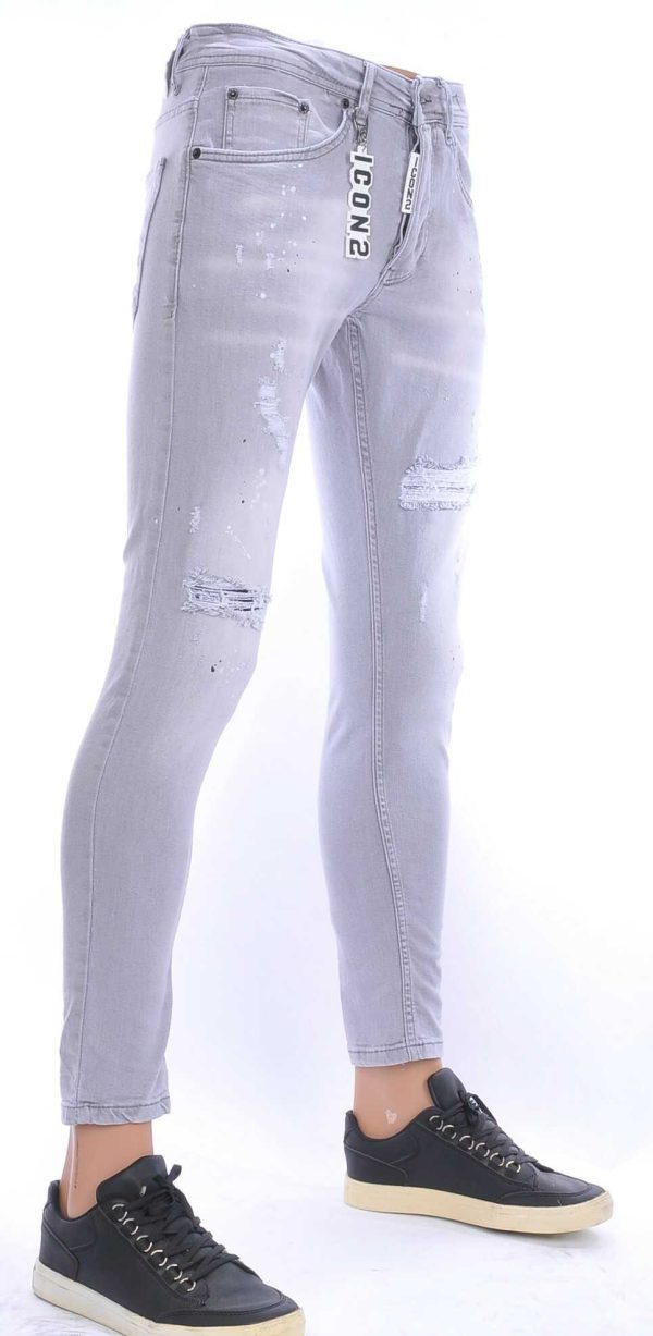 ICON2 hippie gescheurde slim fit heren jeans met verfvlekjes Grijs