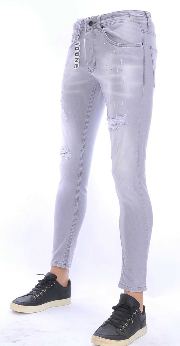 ICON2 hippie gescheurde slim fit heren jeans met verfvlekjes Grijs