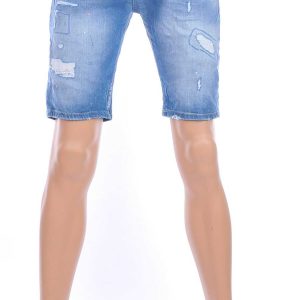 ICON2 hippie gescheurde slim fit heren korte spijkerbroek met verfvlekjes Blauw