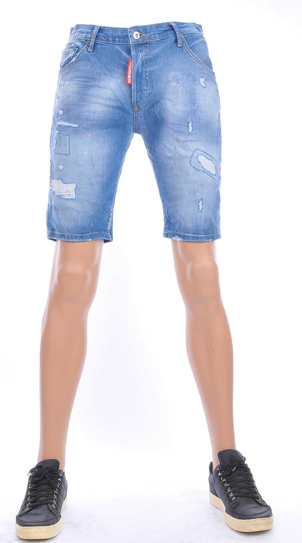 ICON2 hippie gescheurde slim fit heren korte spijkerbroek met verfvlekjes Blauw