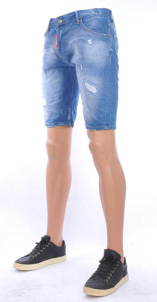 ICON2 hippie gescheurde slim fit heren korte spijkerbroek met verfvlekjes Blauw