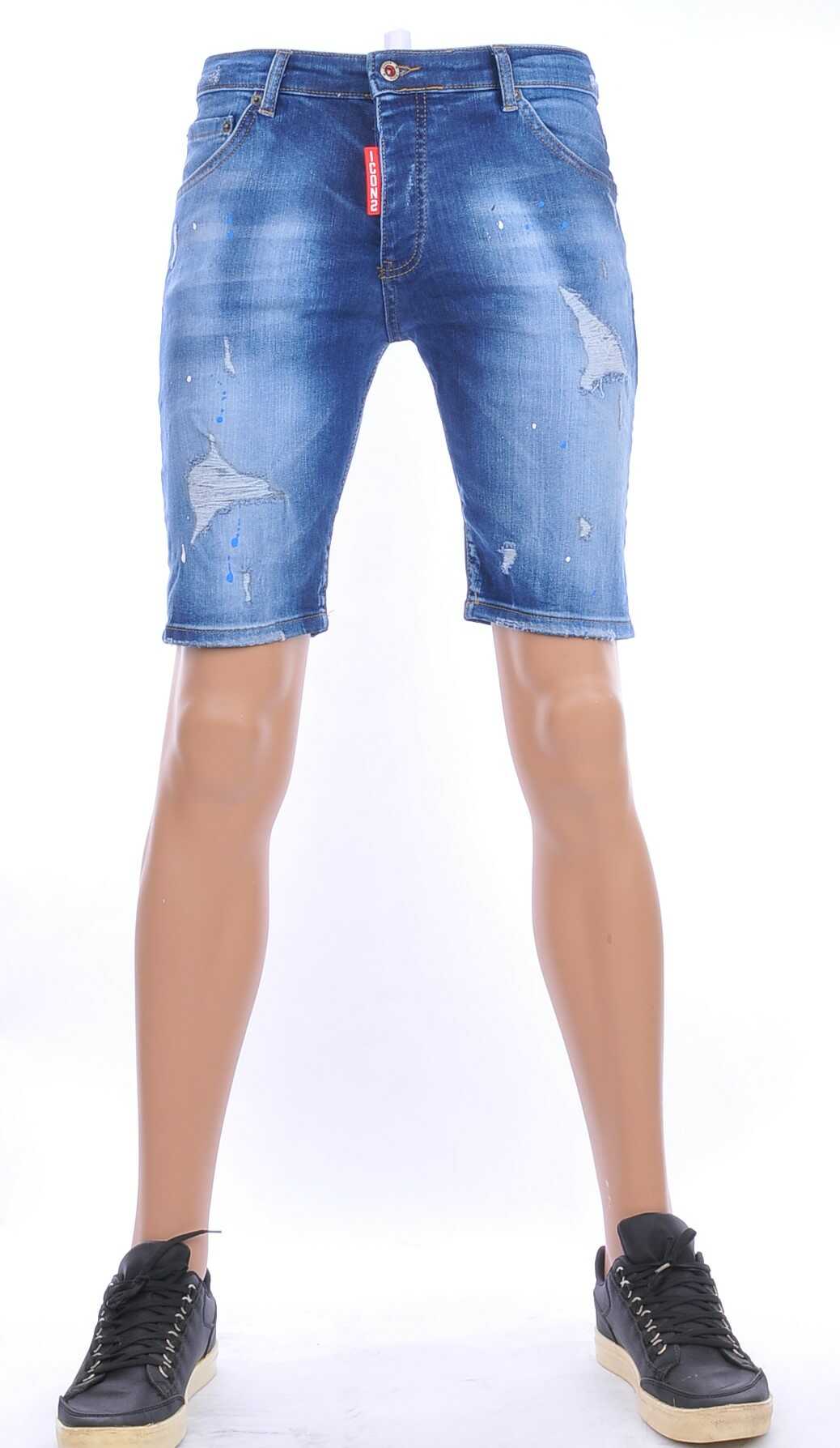 ICON2 hippie gescheurde slim fit heren korte spijkerbroek met verfvlekjes Blauw