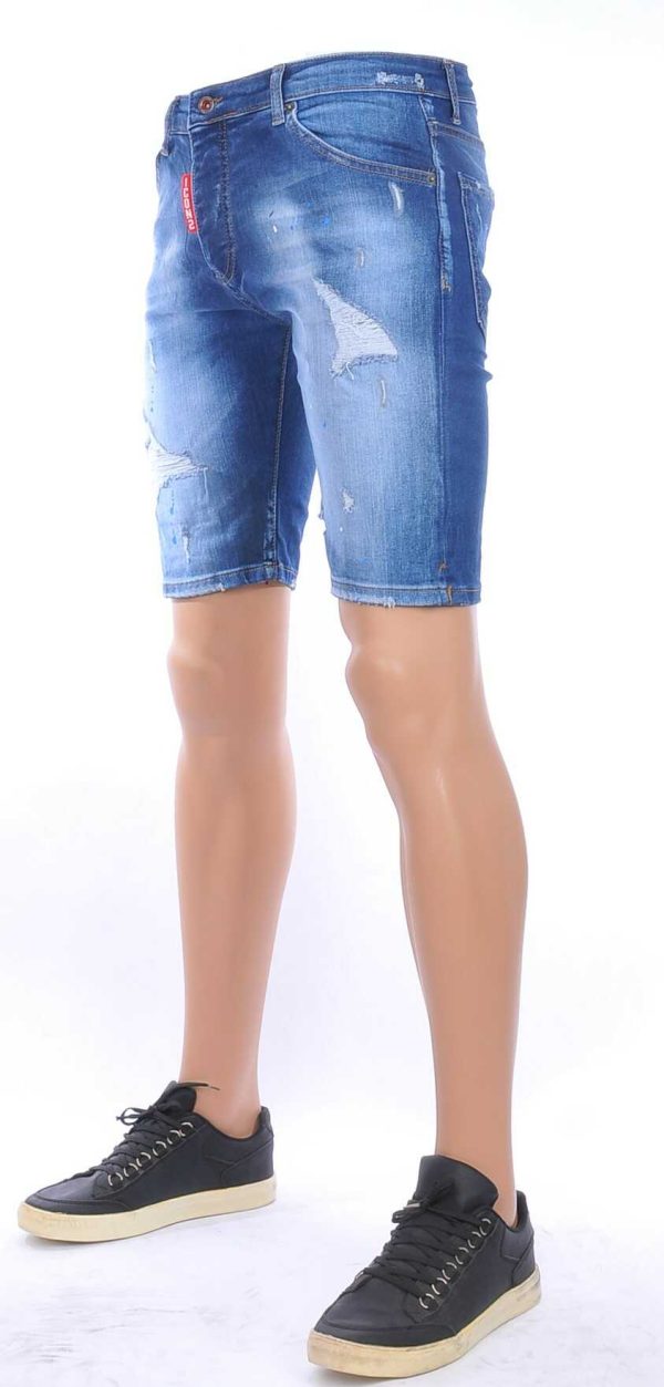 ICON2 hippie gescheurde slim fit heren korte spijkerbroek met verfvlekjes Blauw