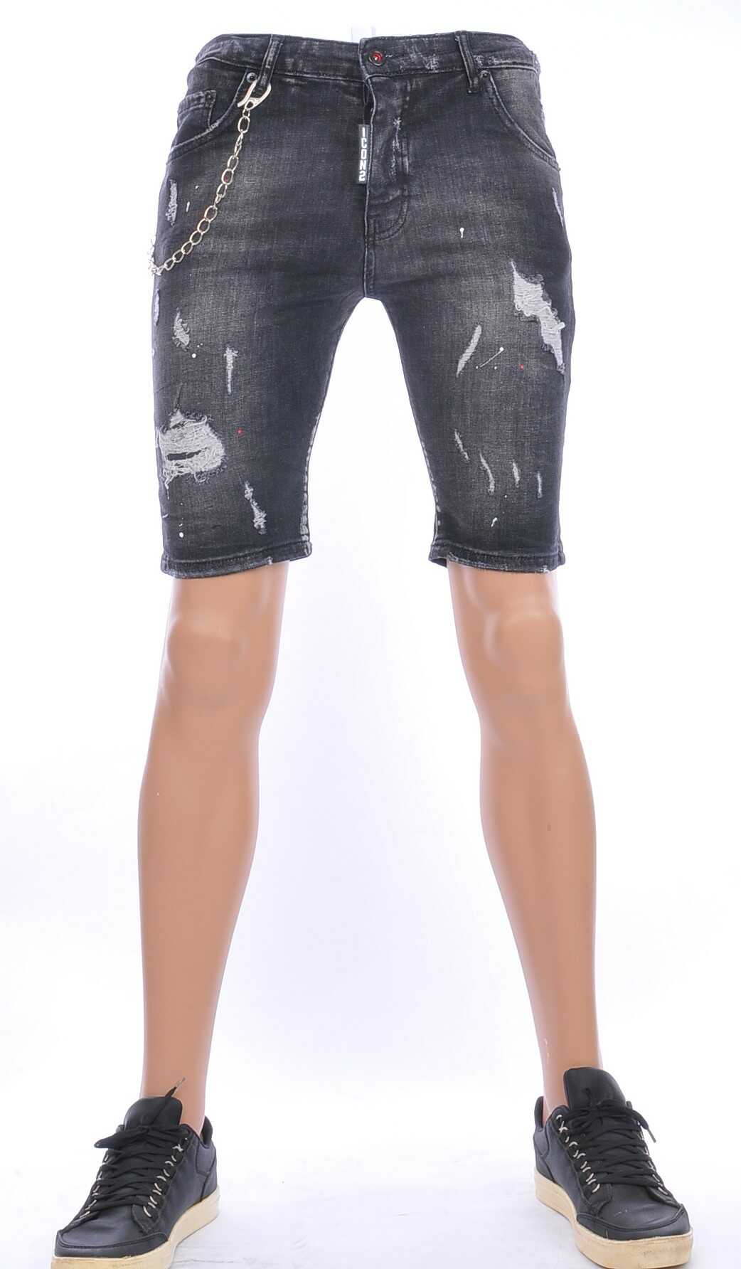 ICON2 hippie gescheurde slim fit heren korte spijkerbroek met verfvlekjes Zwart