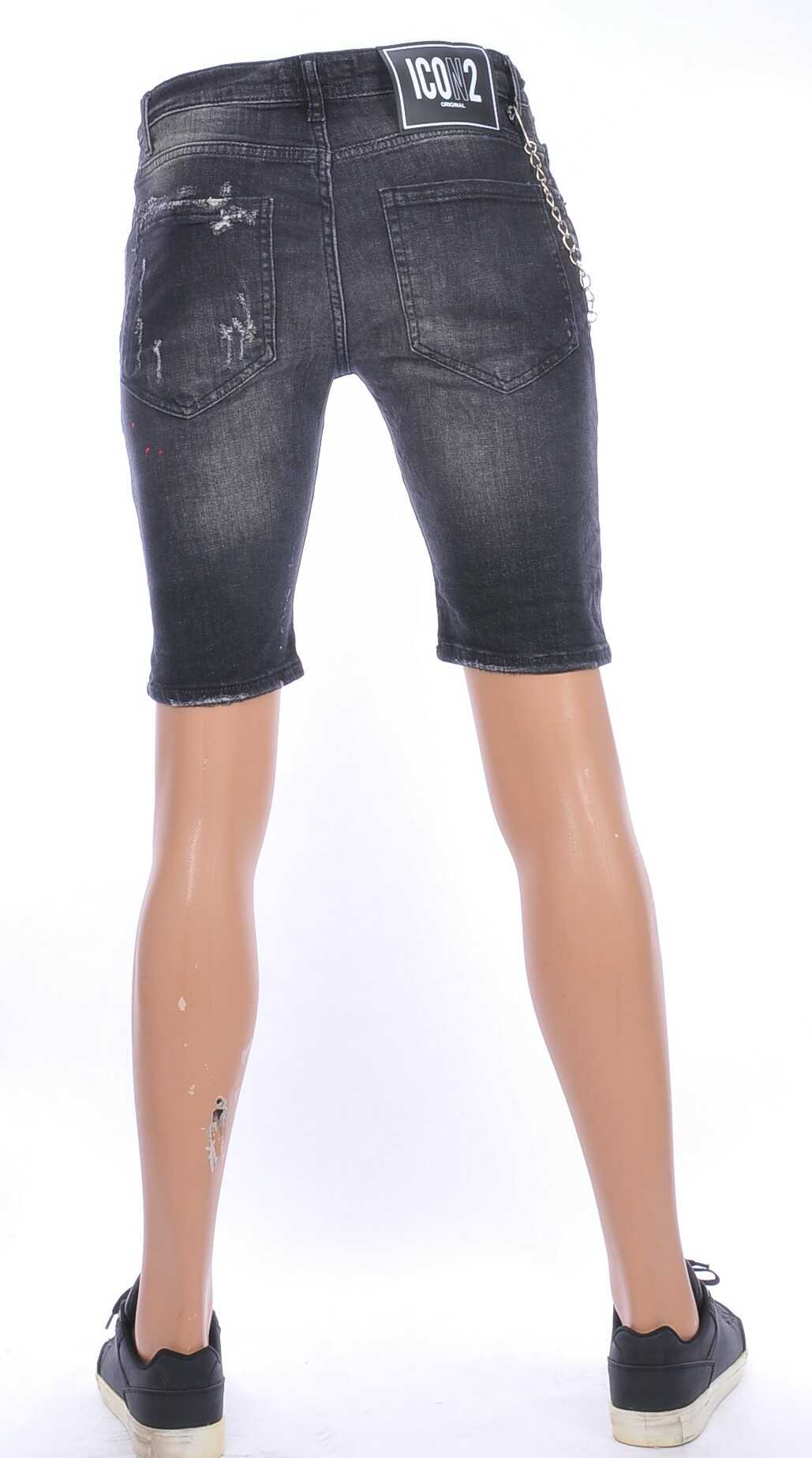 ICON2 hippie gescheurde slim fit heren korte spijkerbroek met verfvlekjes Zwart