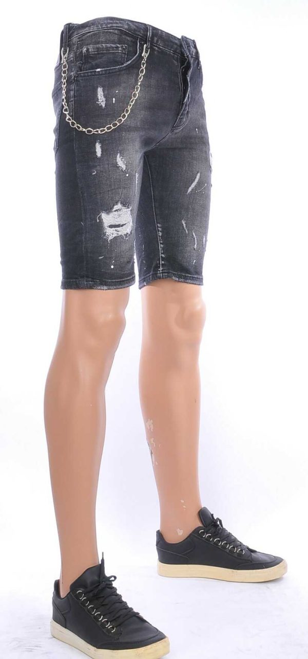 ICON2 hippie gescheurde slim fit heren korte spijkerbroek met verfvlekjes Zwart