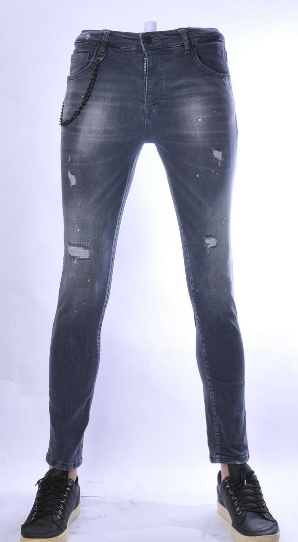 ICON2 hippie gescheurde slim fit stretch heren jeans met verfspatten Grijs
