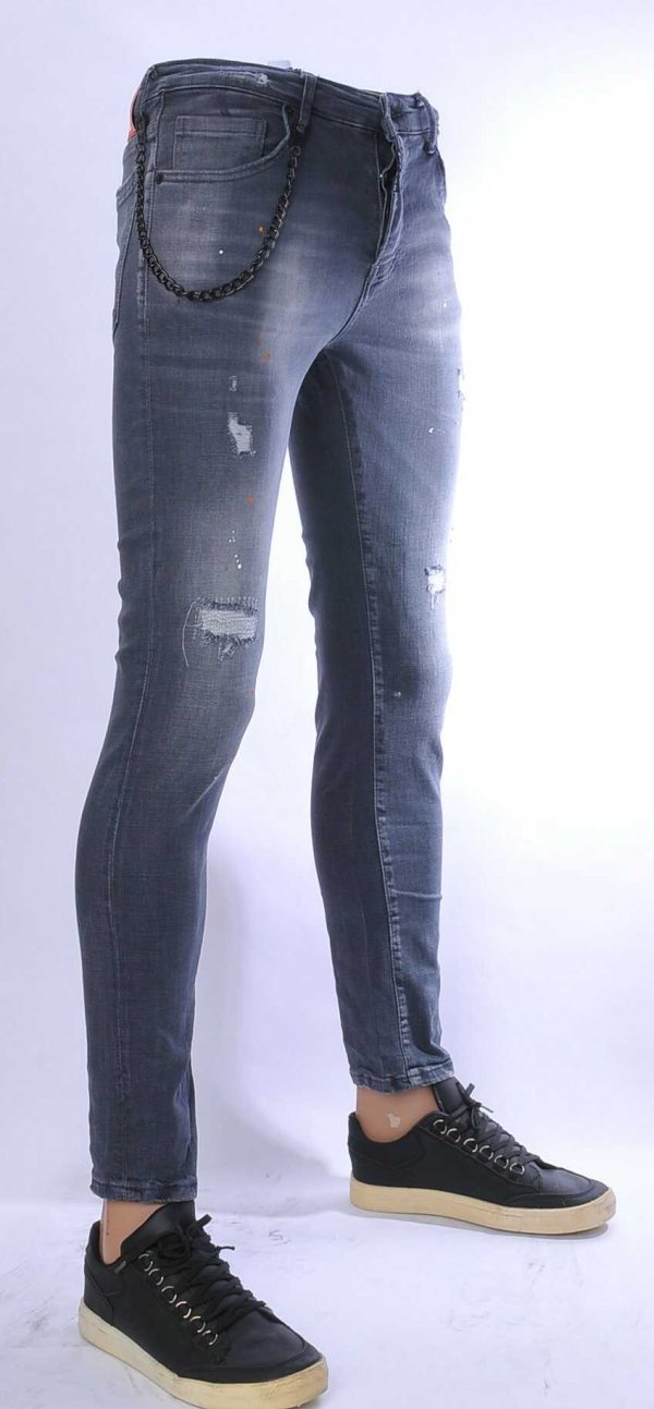 ICON2 hippie gescheurde slim fit stretch heren jeans met verfspatten Grijs