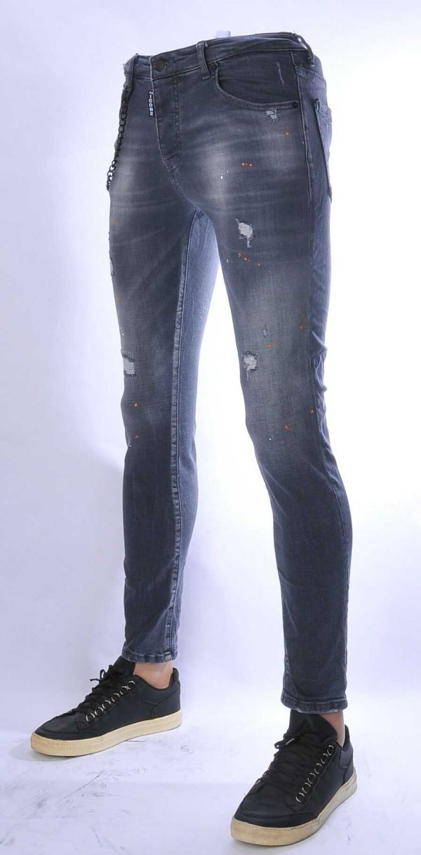ICON2 hippie gescheurde slim fit stretch heren jeans met verfspatten Grijs
