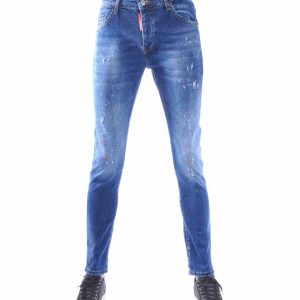 ICON2 Hippe Gescheurde Slim Fit Stretch Heren Jeans met Verfvlekjes – Donkerblauw