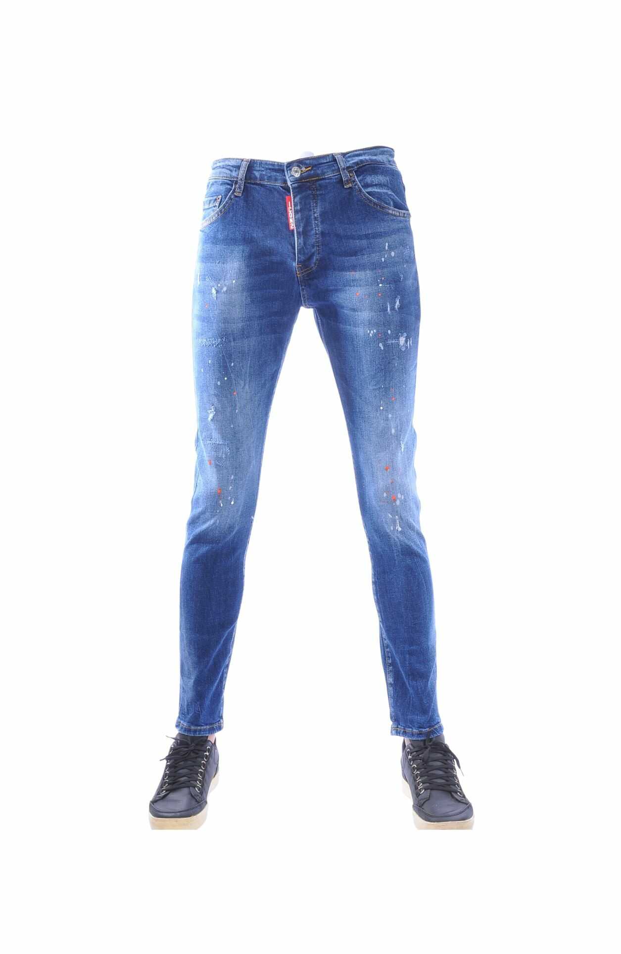 ICON2 Hippe Gescheurde Slim Fit Stretch Heren Jeans met Verfvlekjes – Donkerblauw