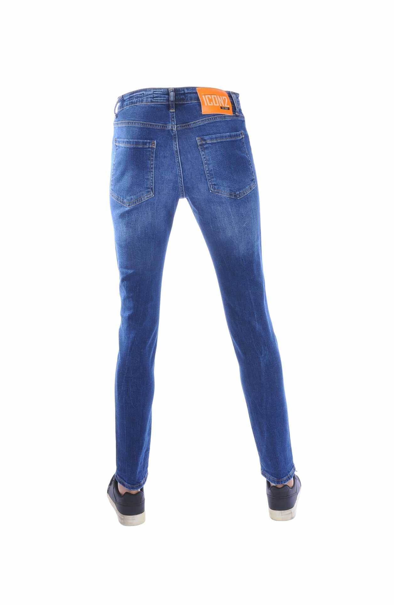 ICON2 Hippe Gescheurde Slim Fit Stretch Heren Jeans met Verfvlekjes – Donkerblauw