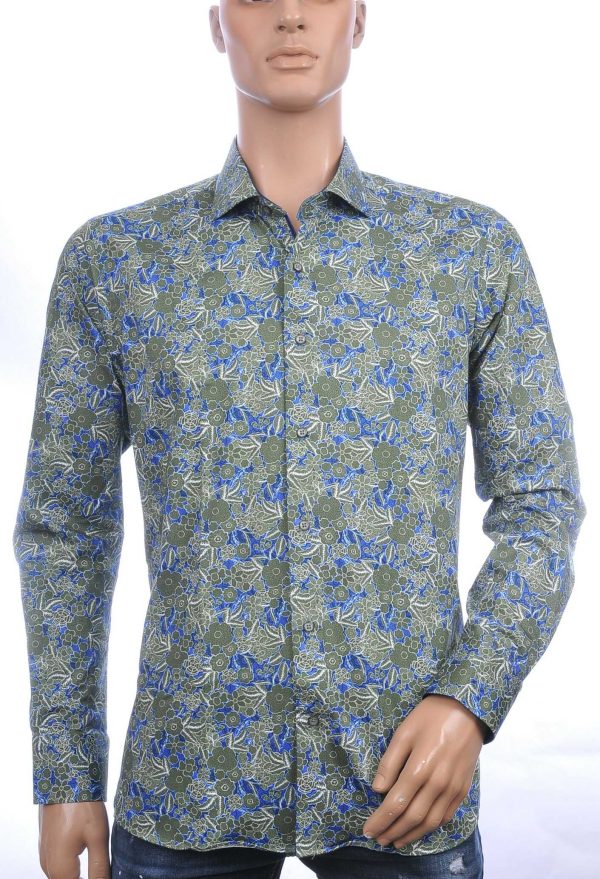 CARTER DAVIS Italiaanse slim fit allover bloemen dessin heren overhemd Khaki