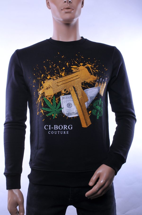 Ci-Borg trendy ronde hals heren sweatshirt met steentjes, C180 Zwart