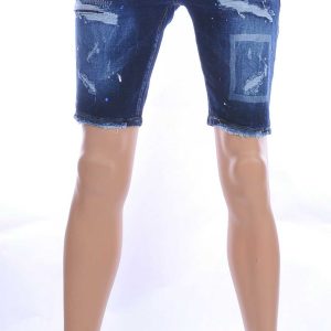 ICON2 hippie gescheurde slim fit heren korte spijkerbroek met verfvlekjes Donkerblauw
