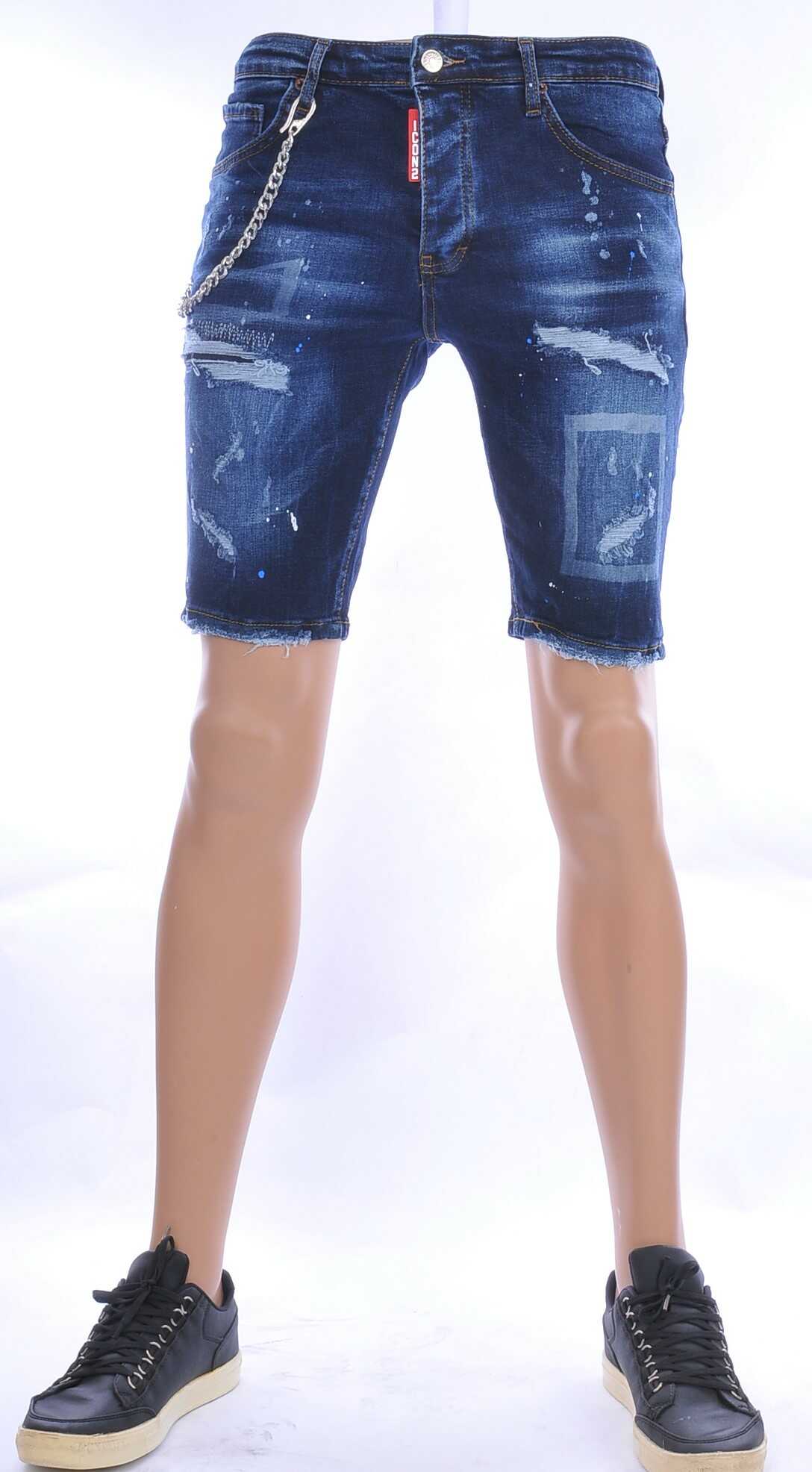 ICON2 hippie gescheurde slim fit heren korte spijkerbroek met verfvlekjes Donkerblauw