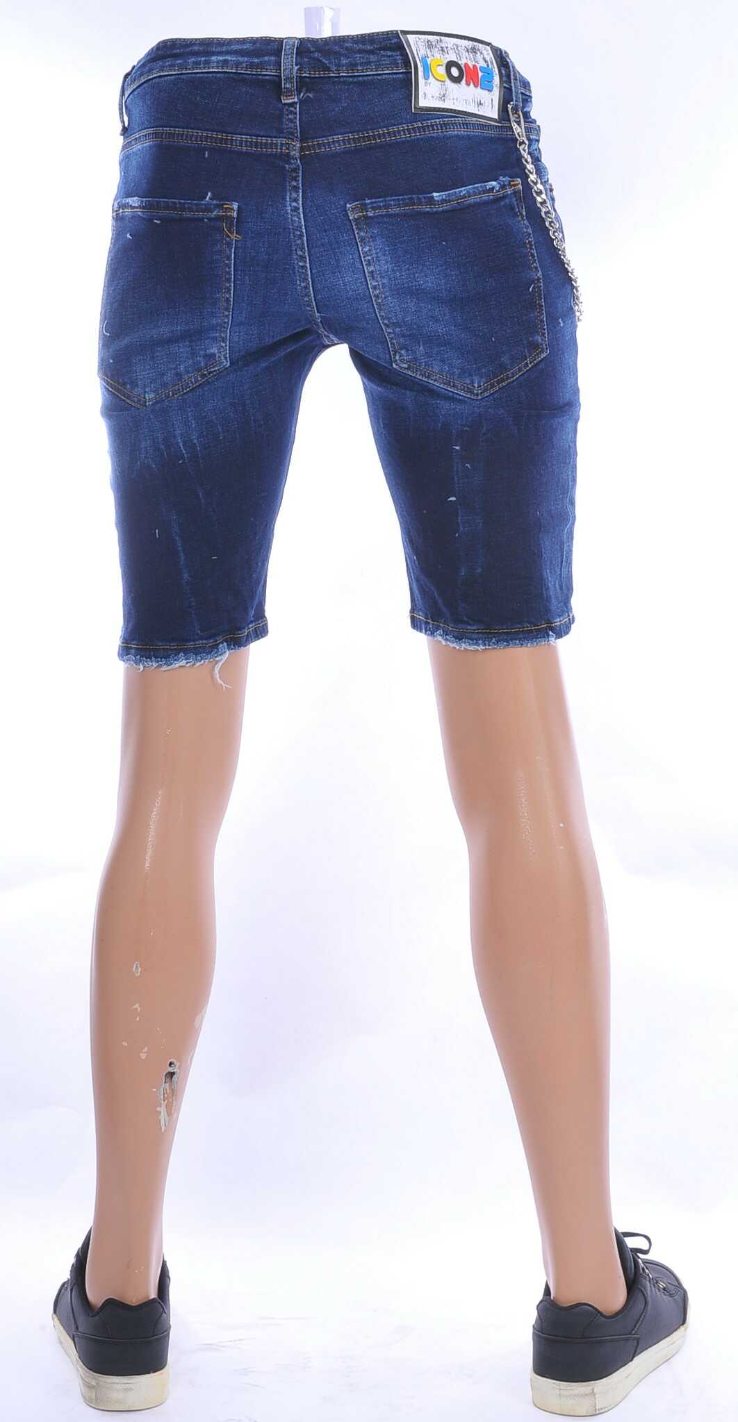 ICON2 hippie gescheurde slim fit heren korte spijkerbroek met verfvlekjes Donkerblauw