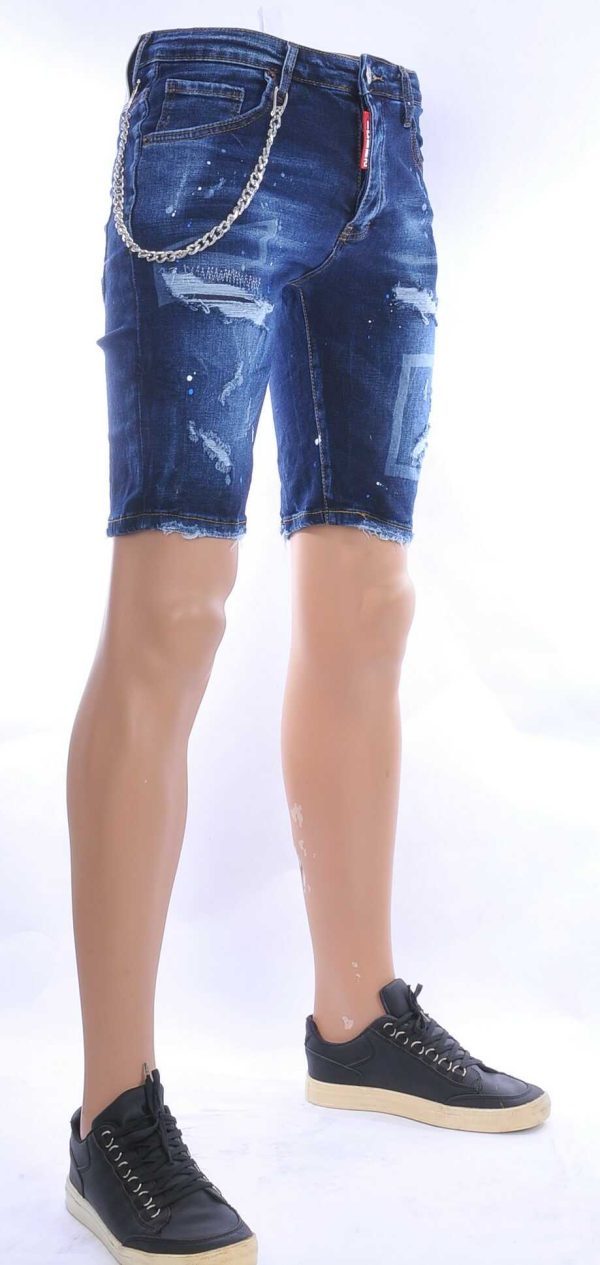 ICON2 hippie gescheurde slim fit heren korte spijkerbroek met verfvlekjes Donkerblauw