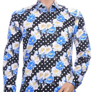 Corrino modern fit allover bloemen dessin heren overhemd Zwart