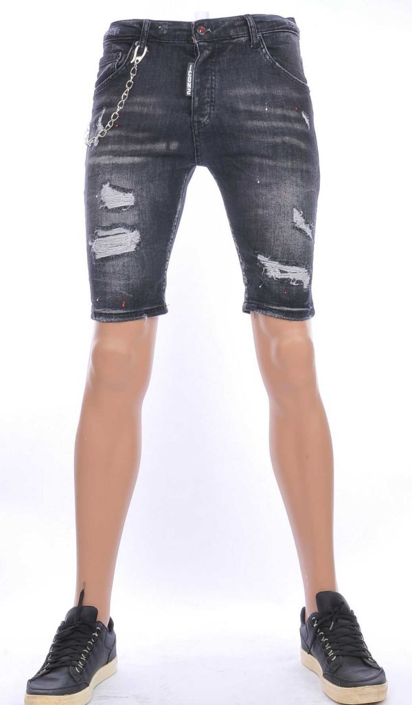 ICON2 hippie gescheurde slim fit heren korte spijkerbroek met verfvlekjes Zwart